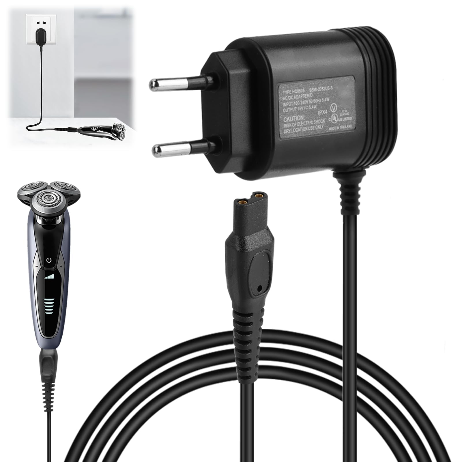 15 V Caricabatterie Rasoio Compatibile con Philips HQ8505 3000, 5000, 7000, 9000 MG7745, MG7730, MG7720, MG7710, QP6510, QP6520, QP6530, QP6541, QP6550, QP6620, QP6650, RQ, HQ, AT, PT, serie BT