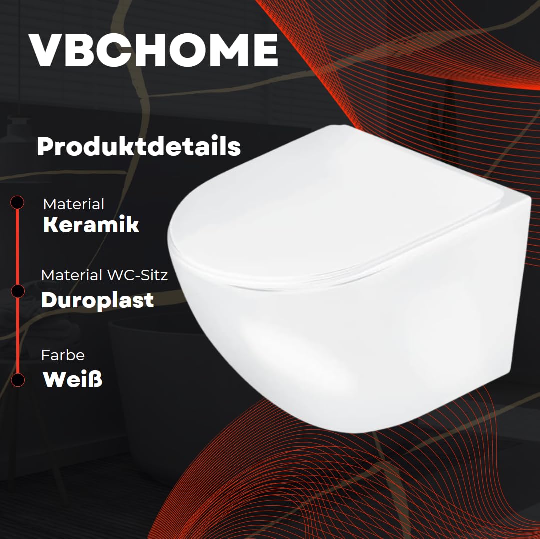 VBChome Hänge-WC Spülrandloses aus Keramik mit Toilettendeckel WC-Sitz aus Duroplast Absenkautomatik Rimless SoftClose-Funktion Tiefspüler Toilette Wand WC Wand-WC-Set