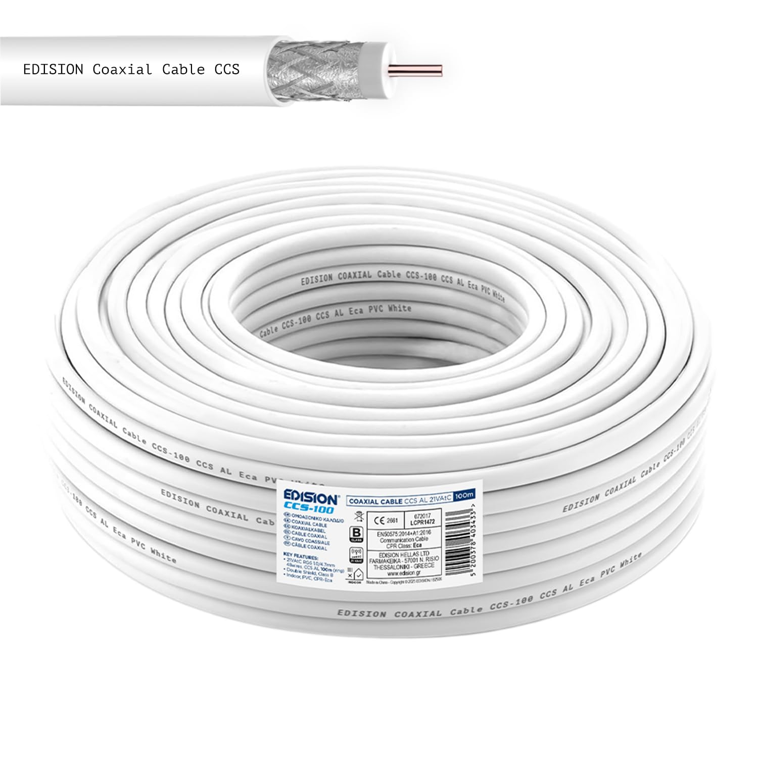 EDISION CCS-100 Cavo Coassiale 100m, per Antenna TV SAT Interna PVC Bianco, Acciaio Ramato CCS/AL, 21VAtC, CPR Eca, Classe B, per SAT, DVB-S2, T/T2, Cable, RADIO, Bobina 100m