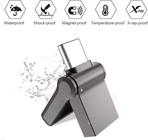 Miniatura 3 de Memoria USB OTG tipo C de 64 GB, KALSAN de 64 GB USB 3.0+tipo C 2 en 1 OTG Dual Waterproof USB Memory Stick con llavero Metal-Negro