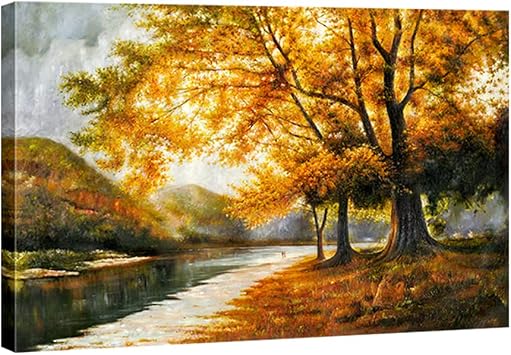 Wieco Art Giclee Canvas Prints Wall Art by Oil Paintings Reproduction Large Contemporary Autumn Trees Pictures for Living Room Bedroom Home Decorations Modern Wrapped Landscape Forest Artwork