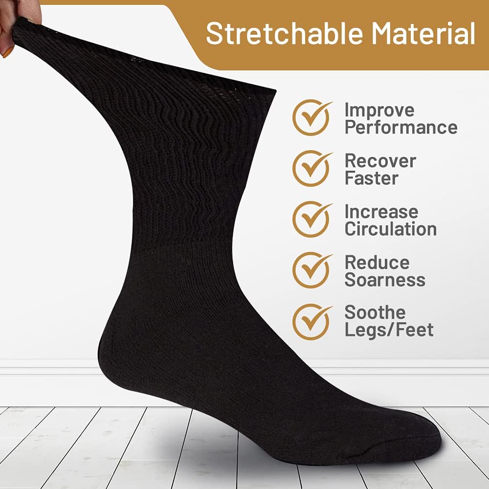 MB55 Premium Cotton Diabetic Socks for Men - Lightweight and Non-Binding Loose Top Socks for Circulation Problems, Diabetics, or Neuropathy - 3 Pairs Cushioned Crew Socks (Black, X-Large) : Health & Household