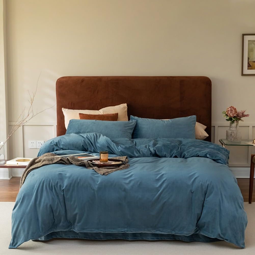 Set copripiumino in velluto, 4 pezzi, con copripiumino, lenzuolo piano e federe con busta, per letto Queen/King Size