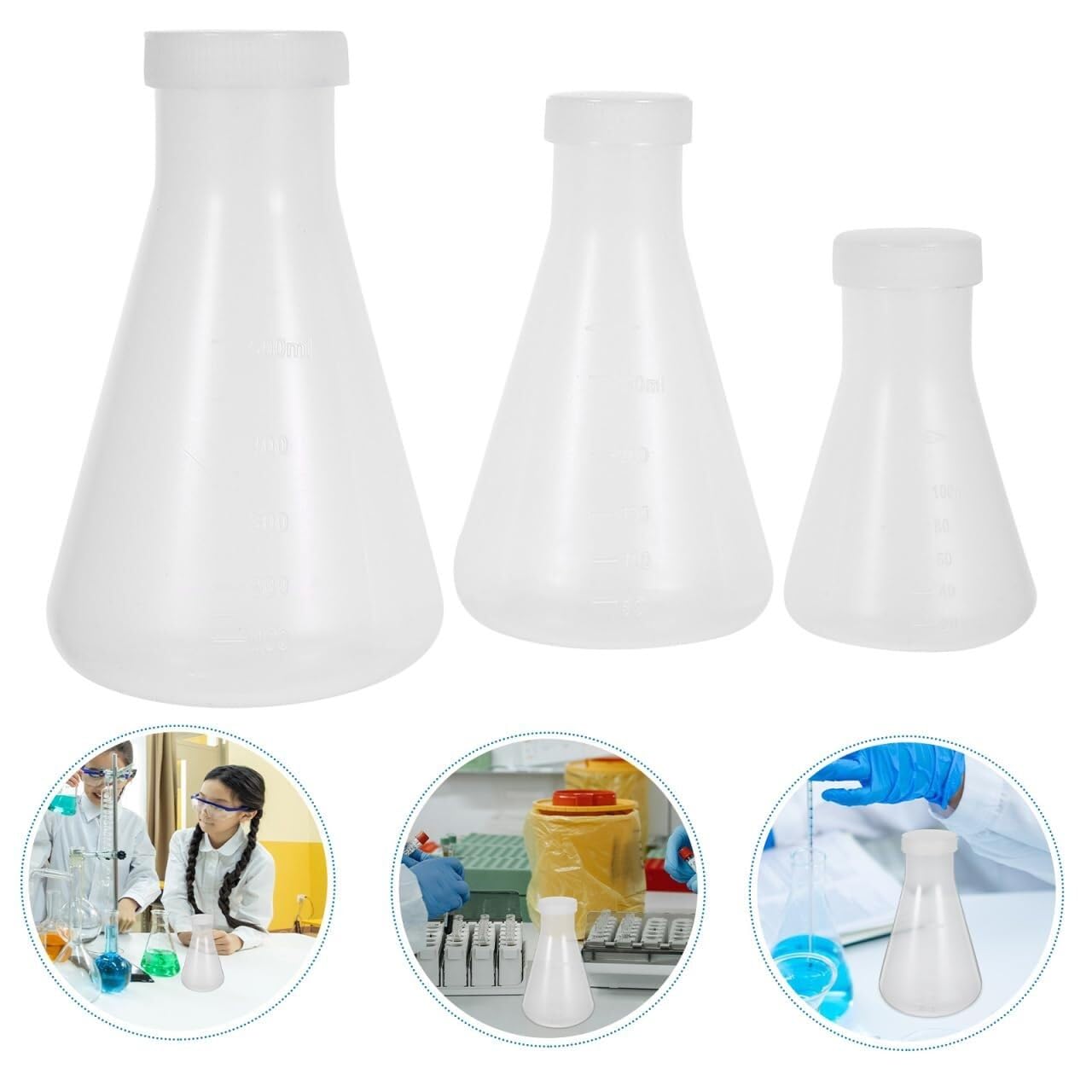 Set de Matraces de Erlenmeyer de Plástico - 3 Piezas Matraces Cónicos con Tapón de Roscas, Transparentes con Escala para Experimentos Científicos de Laboratorio (100ml, 250ml, 500ml)