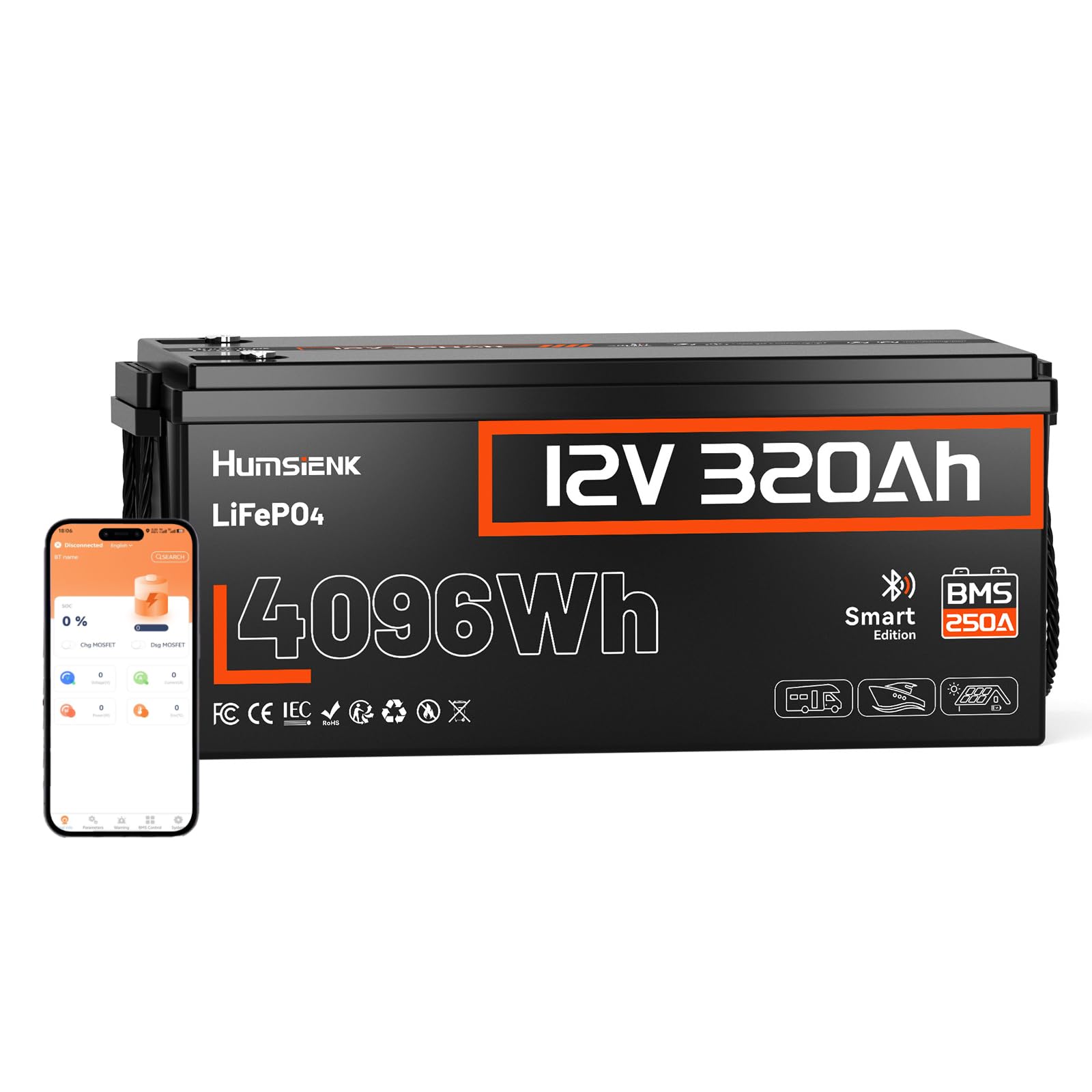 Humsienk Batteria Litio 12V 320Ah LiFePO4 con Bluetooth, protezione 250A BMS a bassa temperatura, Max. 15000 cicli, 3200Wh Energia per Camper, Barca, Pannello solare, Accumulo fotovoltaico