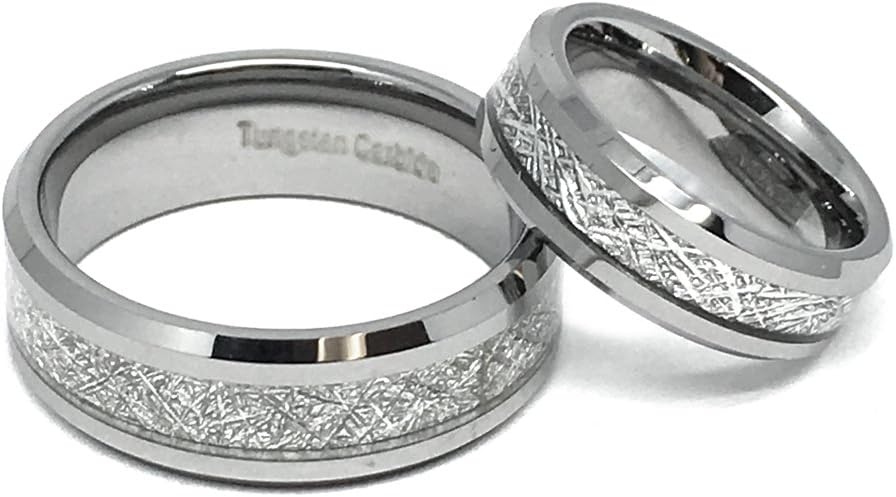 FashionBros Wedding Band Ring Set for Him & Her - 8MM/6MM Tungsten Carbide Beveled Edge with Meteorite Center Inlay