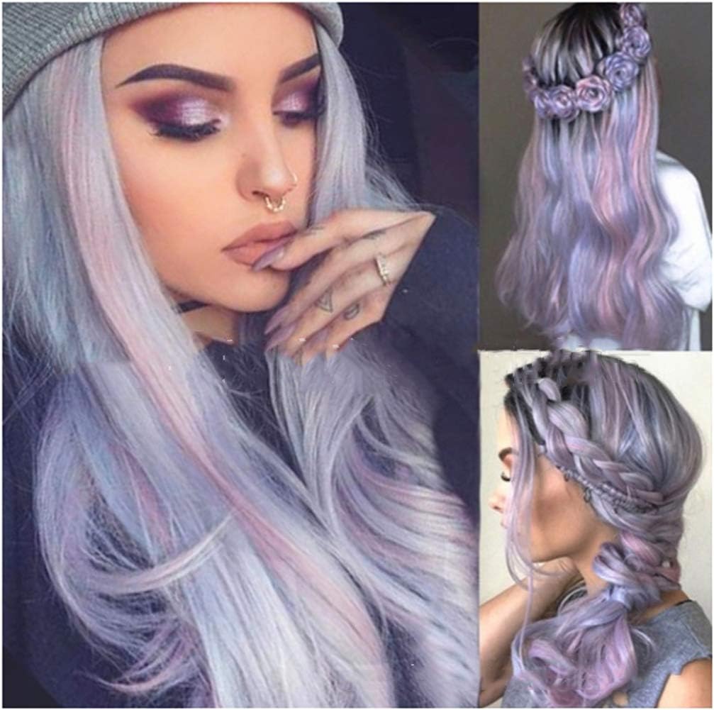 HIWIGS Grey Purple Long Curly Wavy Wigs for Women Water Wave Heat Resistant Synthetic Wig for Halloween Costume Party Cosplay 25" 200G