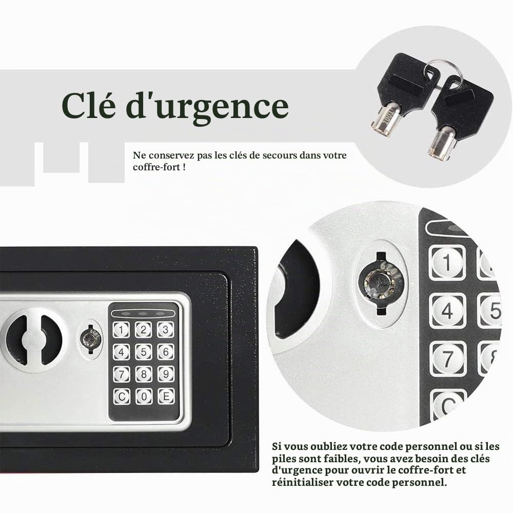 Coffre Fort de Sécurité Numérique Électronique, 4,6L Coffre-fort avec 2 clés d'urgence, Deux Boulon de Verrouillage, Coffre Fort Mural Pour Bureau, La maison, Hôtel, 23cm x 17cm x 17cm, Noir
