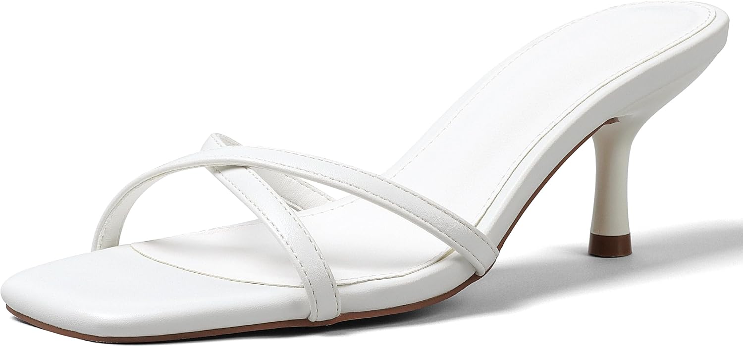 Synchoiss Womens Kitten Heels Open Square Toe Low Heeled Sandals Cross Band Slip on Stiletto Heels Comfort Mules Slides Summer Dress Pumps