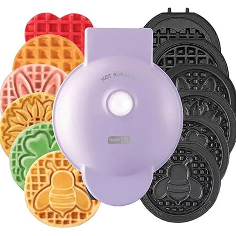 Mini Waffle Maker with Spring Themed Plates : Bunny, Clover & Heart, Including Storage Container