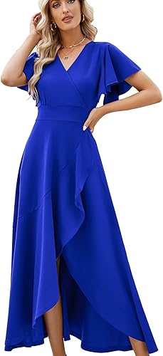 Vestidos largos y formales para mujer, vestidos de noche para cóctel, con cuello en V y volantes, para invitadas de boda, color negro