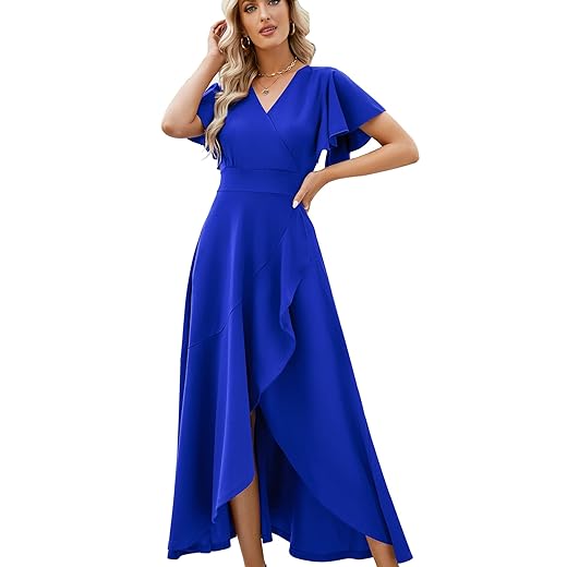 Long Black Formal Dresses for Women Gowns Evening Party Cocktail Dress,Split Elegant V Neck Wrap Ruffle Wedding Guest Dresses