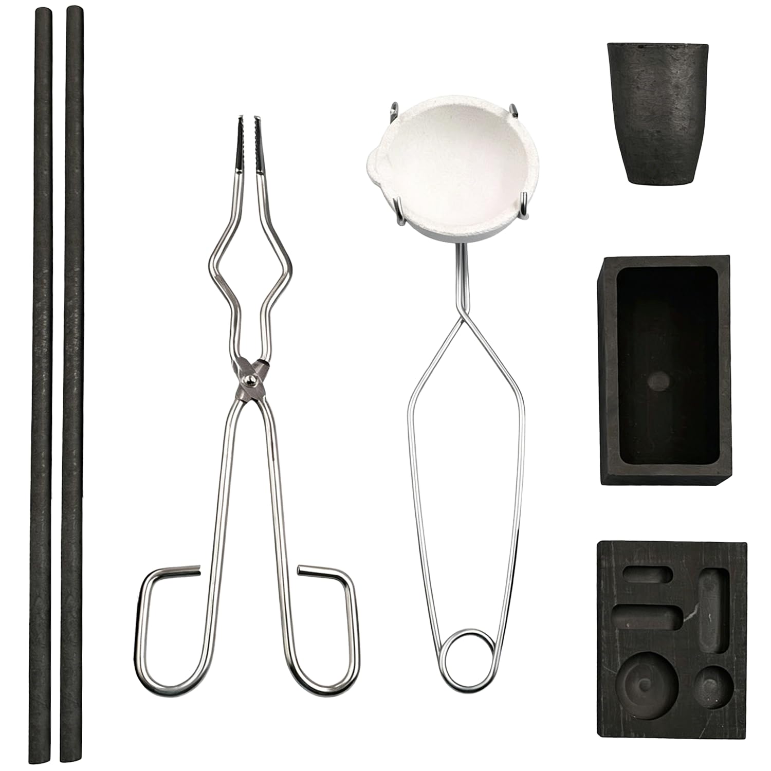 8 Stück Gold Schmelzen Set, Graphit- & Quarztiegel Set mit Gießform, 5-in-1 Graphitbarrenform, Tiegelzange & 2 Rührstäbe, Metall Schmelzen Kit für Schmuckherstellung, DIY Gold Silber Schmelzen