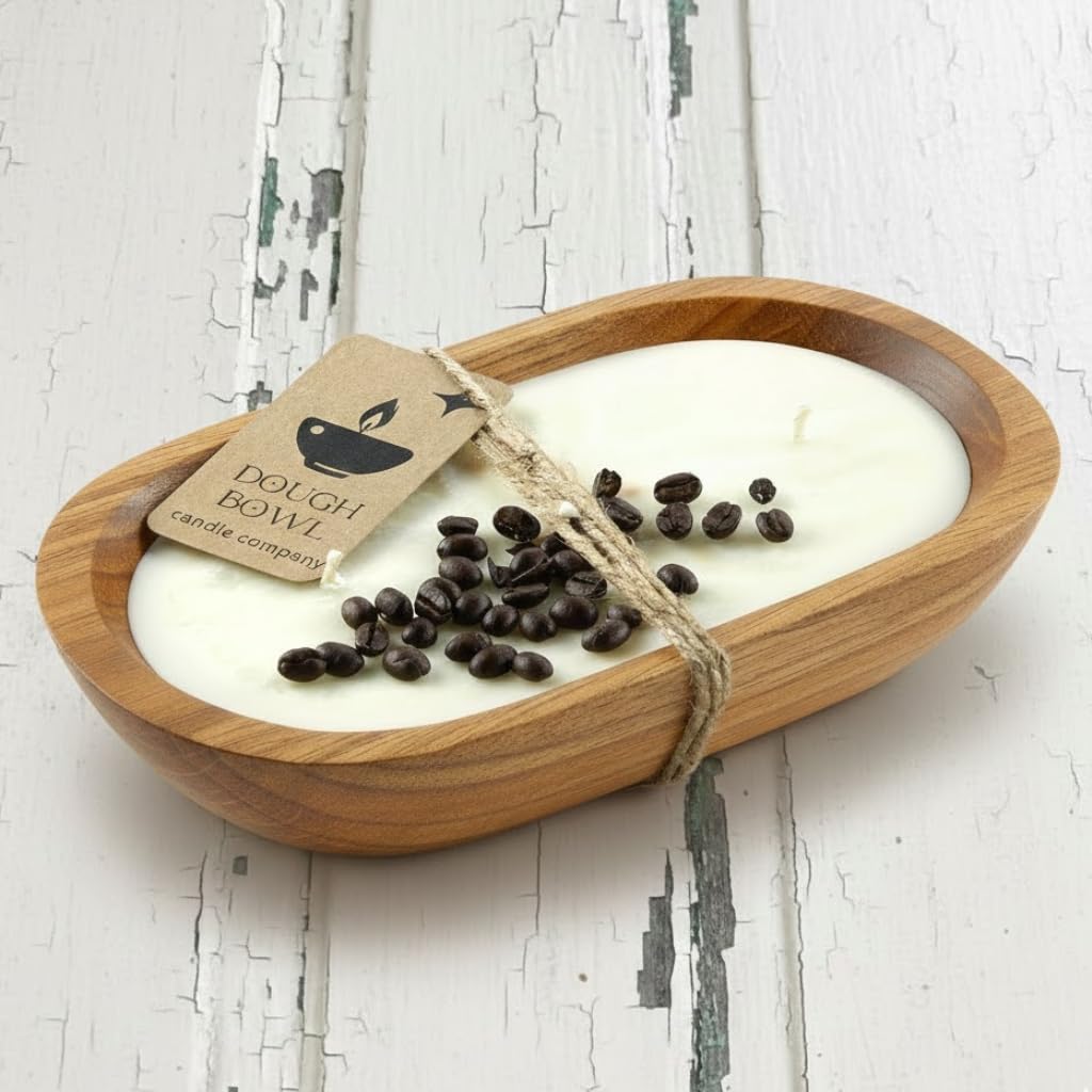 Dough Bowl Candle Co. Vanilla Latte Soy Candle - 3 Wick Rustic Farmhouse Decor Odor Eliminator in Wooden Bowls, 20 Oz Wooden Dough Bowl Candle, All-Natural Gifts for Women or Men, Coffee Table Decor