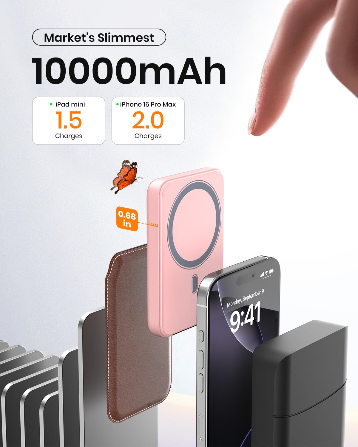 A ADDTOP Magnetic Power Bank 10 000 mAh - 20 W szybka ładowarka do iPhone'a, ładowarka magnetyczna, ultracienka, bezprzewodowa ładowarka z wejściem i wyjściem USB-C, wyświetlacz LED, zestaw