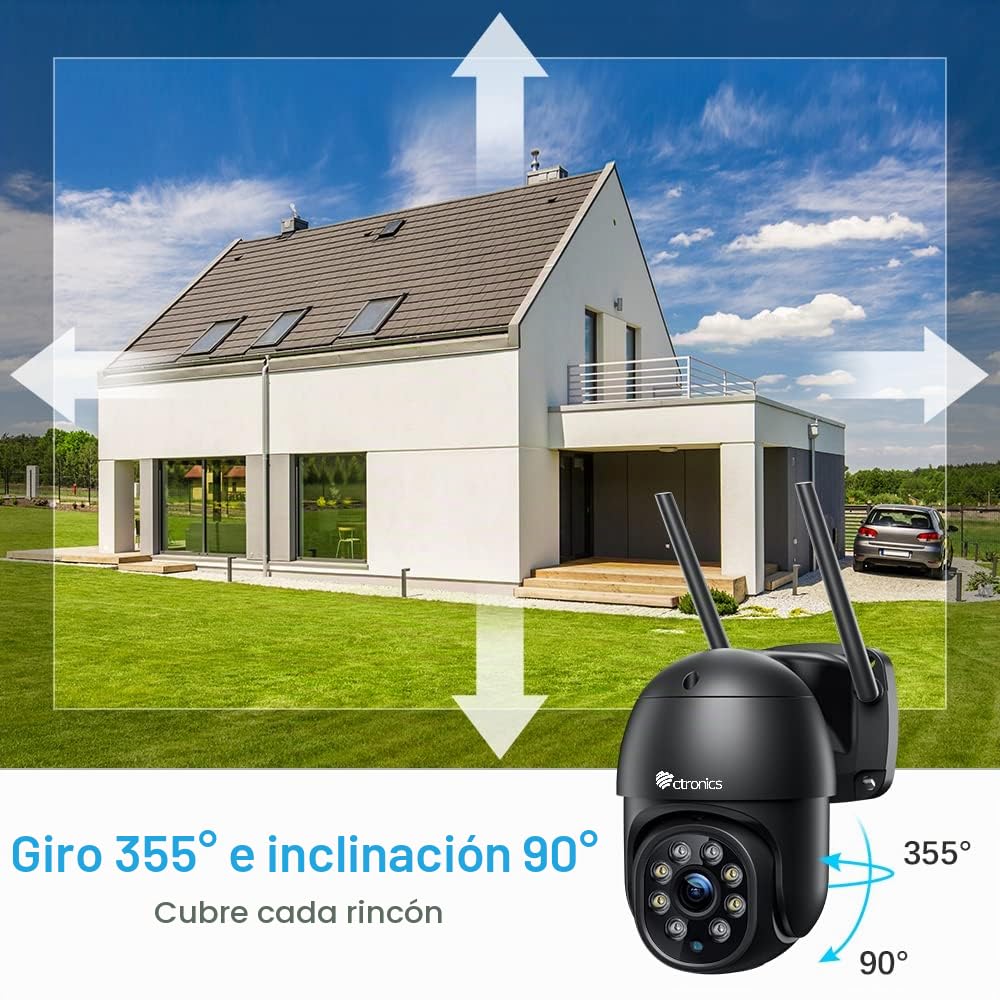 Ctronics Camara Vigilancia WiFi Exterior, 2K PTZ Cámara de Seguridad para el Hogar con Visión Nocturna en Color 30M Detección Humana Seguimiento Automático Audio Bidireccional Negro(2 Piezas) | Cámara de Seguridad para el Hogar,Visión Nocturna en Color 30