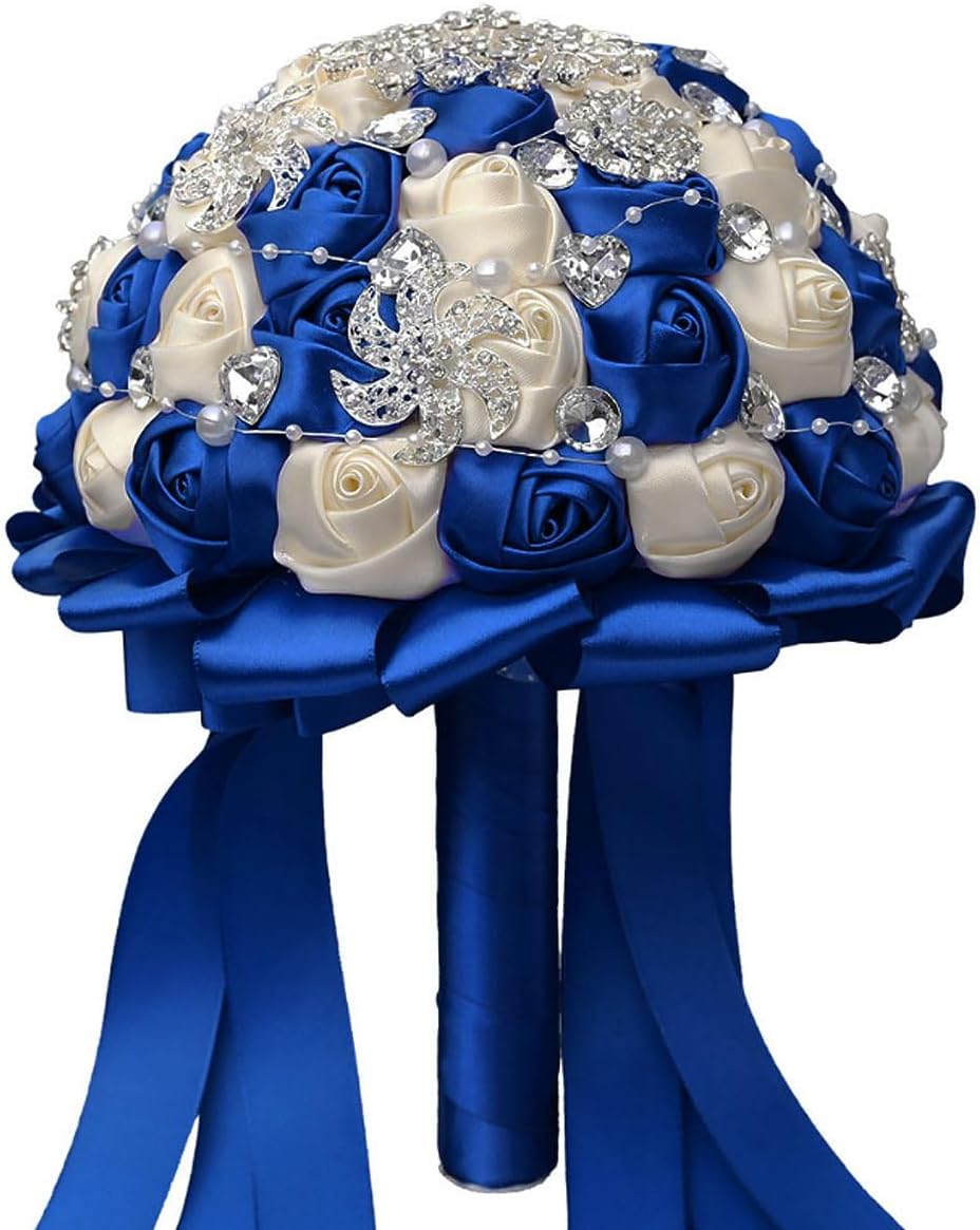 Wedding Bouquets for Bride Handmade Bridesmaid Brooch Bouquet Artificial Rhinestone Satin Rose Flower Tossing Bouquet for Wedding Ceremony Anniversary(Ivory/Royal Blue,18CM)