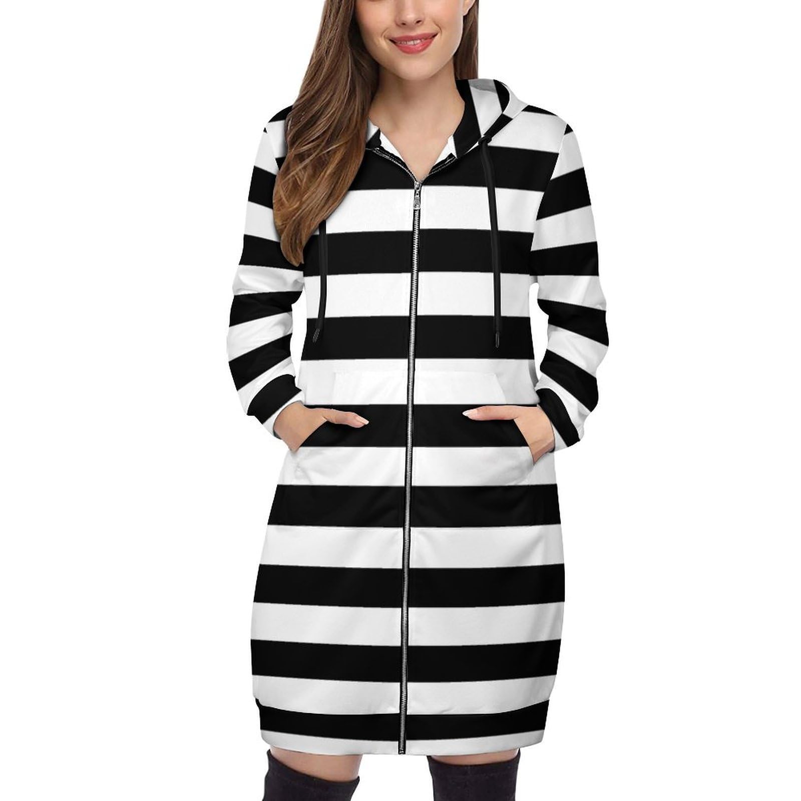 Felpa Donna con Zip Felpe Sportiva con Tasche E Cappuccio Motivo A Strisce Orizzontali Morbida Invernale Giacca Regolabile Confortevole per Uso Quotidiano Casual