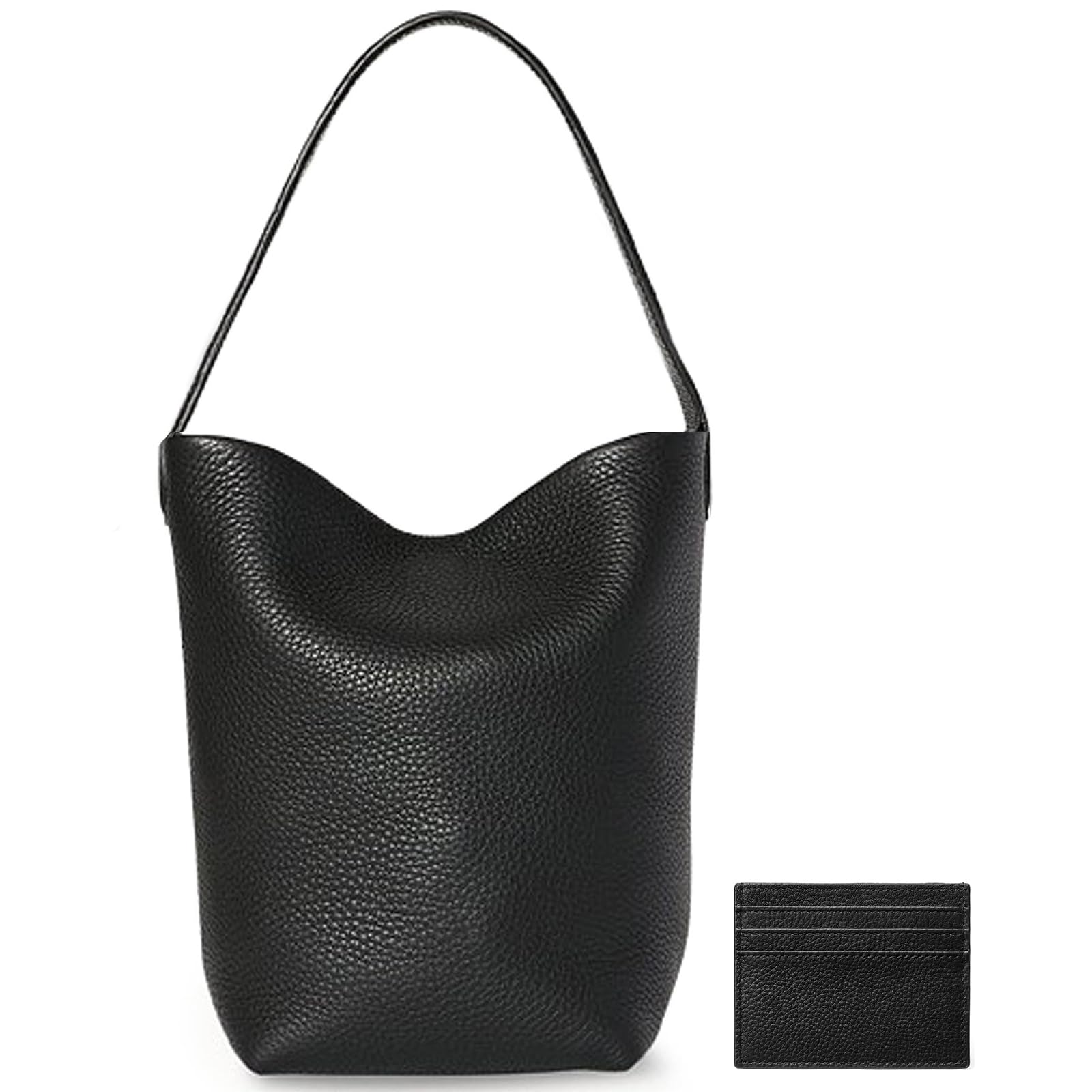 Genuine Leather Bucket Bag with Credit Card Holder Wallet First Layer Pebble-grained Calfskin Tote Bag