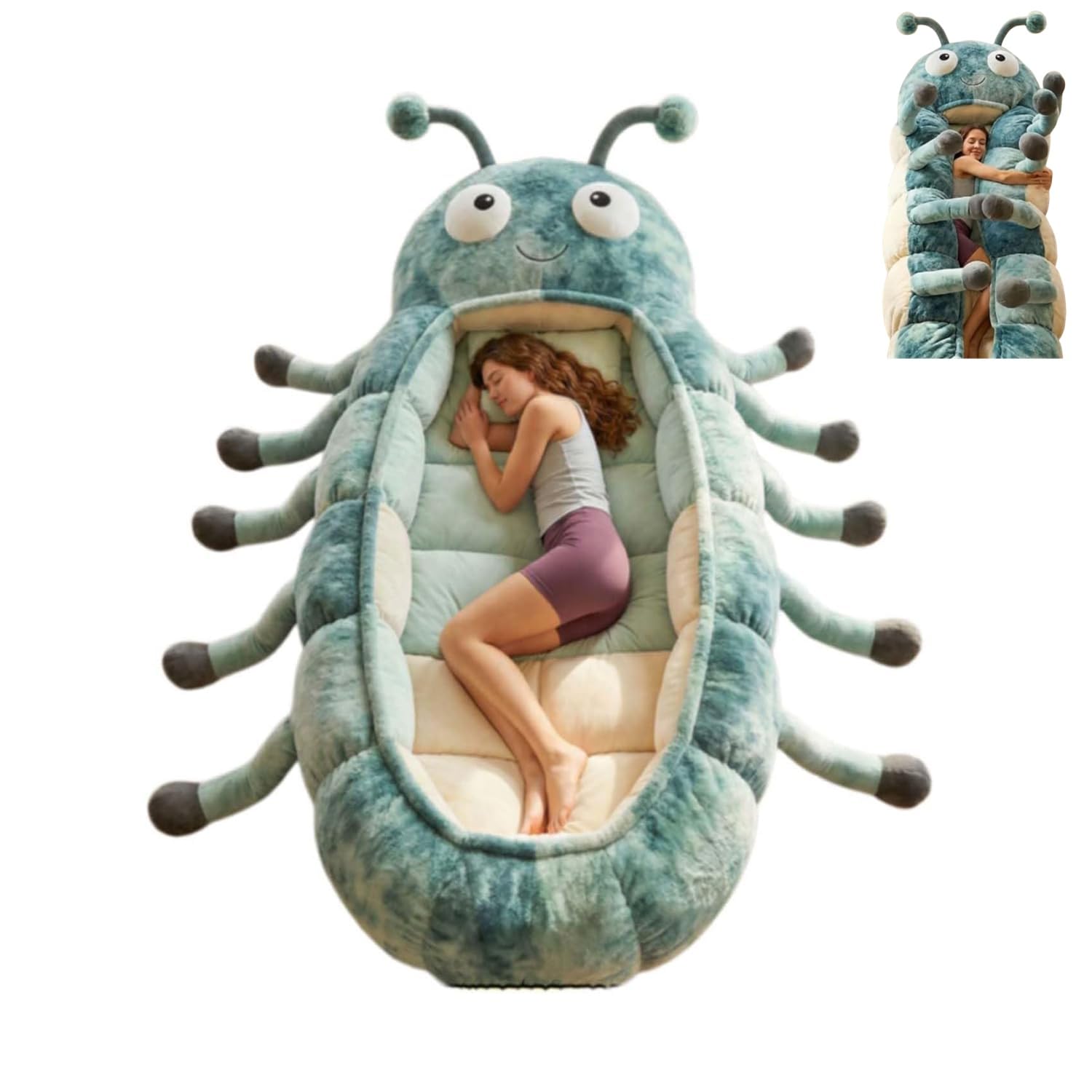 Hugging Caterpillar Sleeping Bag for Adults, Plush Cocoon Animal Sleeping Bags with Pull Cord, Giant Plush Floor Lounger, Indoor Sleep Nap Pod, Cozy Reading Nest, Travel & Indoor Use