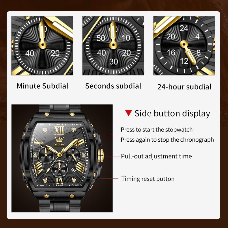 Miniatura 6 de OLEVS Relojes para Hombres Cronógrafo Impermeable Cara Rectangular Fase Lunar Correa de Acero Inoxidable Relojes de Vestir para Hombres Luminoso