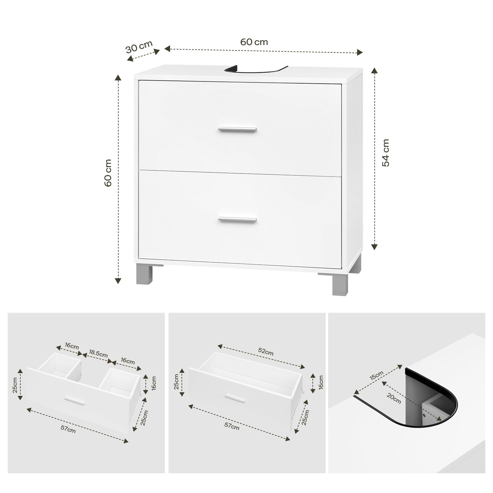 eSituro Waschbeckenunterschrank, Badezimmerschrank mit 2 Schubladen, Badezimmer Unterschrank Waschbecken, Waschtischunterschrank freistehend, Badunterschrank, 60x60x30 cm, Weiß