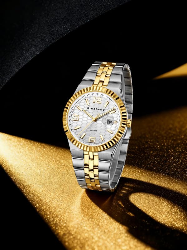 Image of Giordano Analog Watch for Men with Honeycomb Dial, Fluted Bezel, Date Window & Luminous Hour Markers and Stainless Steel Strap - GZ-50172