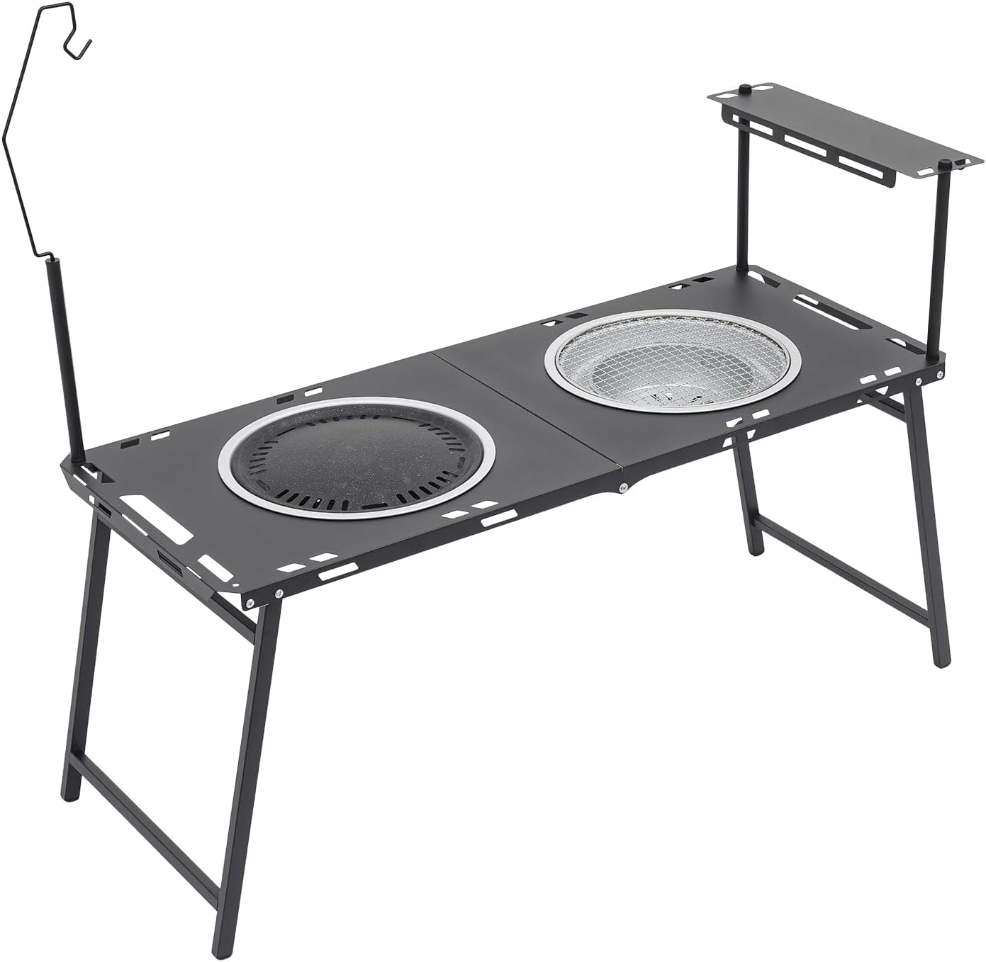 Portable Folding Grill Table, Charcoal BBQ Table, Outdoor Camping Grill Station, Dual Zone Cooking, Compact Foldable BBQ Table with Storage Shelf, Hanging Hooks, Lantern Stand, Black High-Carbon Steel