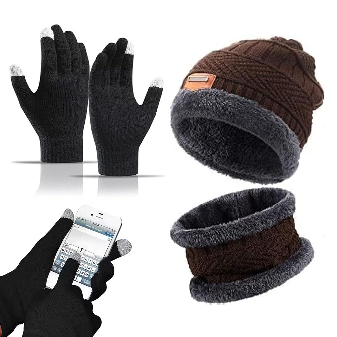Winter Knit Beanie Cap Hat Neck Warmer Scarf and Touchscreen Woolen Gloves Set for Men & Women (Brown) pack-3-image-7