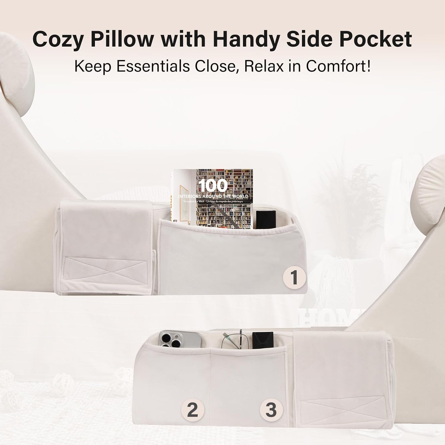 ENITYA 19" Medium Ivory Reading Pillow for Adults - Bed Back Support Cushion with Big Pockets & Washable Removable Cover - Sitting Up Wedge Backrest for Reading, Gaming, TV & Floor Rest on Couch