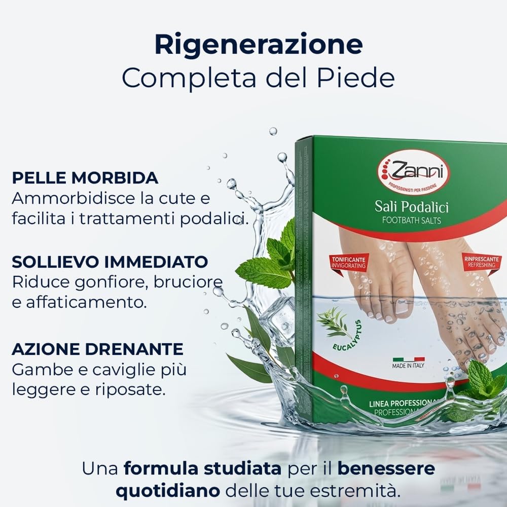 Zanni Sali Podalici, Sali per Pediluvio Rinfrescante e Tonificante con Mentolo, Timo ed Eucalipto, Sali da Bagno a Effetto Deodorante Piedi Stanchi, Sollievo e Riduzione Gonfiore, 100 g, Made in Italy