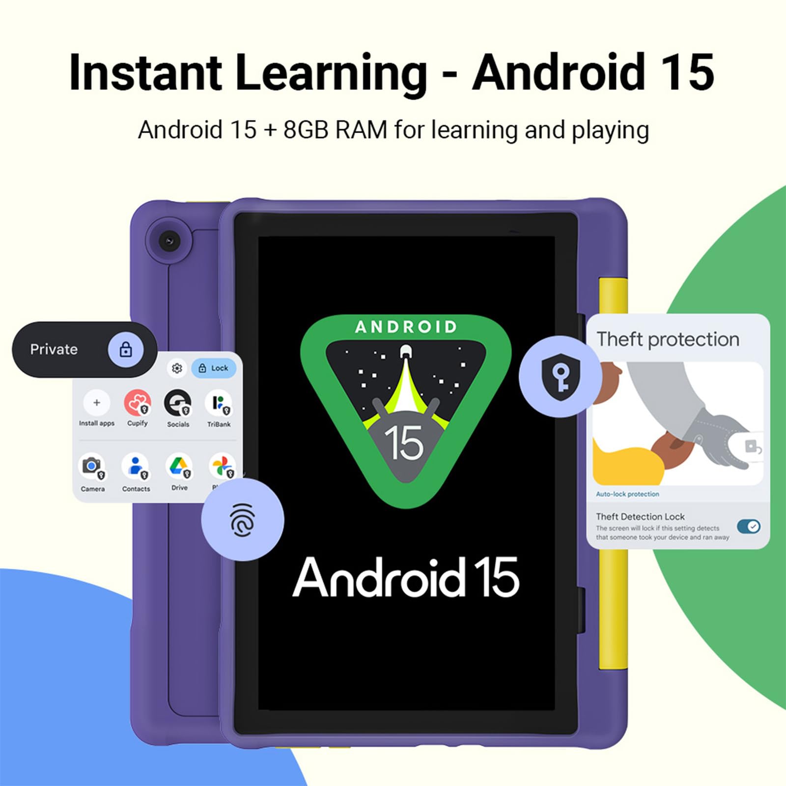 UEMXDOX Tablet per bambini, Android 15 2025 per bambini dai 3 anni in su, 8 GB+64 GB, espandibile fino a 512 GB, touch screen da 10 pollici con custodia, WiFi 6, BT5, controllo genitori preinstallato
