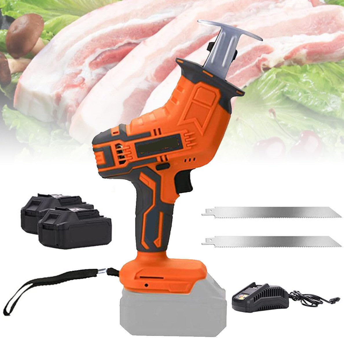 Sega Ossa Elettrica da Macellaio, con Luce LED 20V Segaossa Professionale per Casa Commerciale, Palmare Sega per Surgelati per Tagliare Le Ossa Bacon Bistecca,2battery+2sawtooth