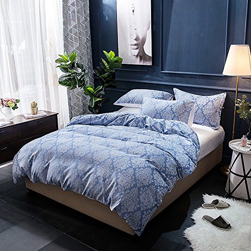 Merryfeel Duvet Cover Set Queen Size,Classic Damask Jacquard Duvet Cover Set,3 Pieces Bedding Set (1 Duvet Cover With Button Closure And 2 Pillowshams) - Blue #TOP1
