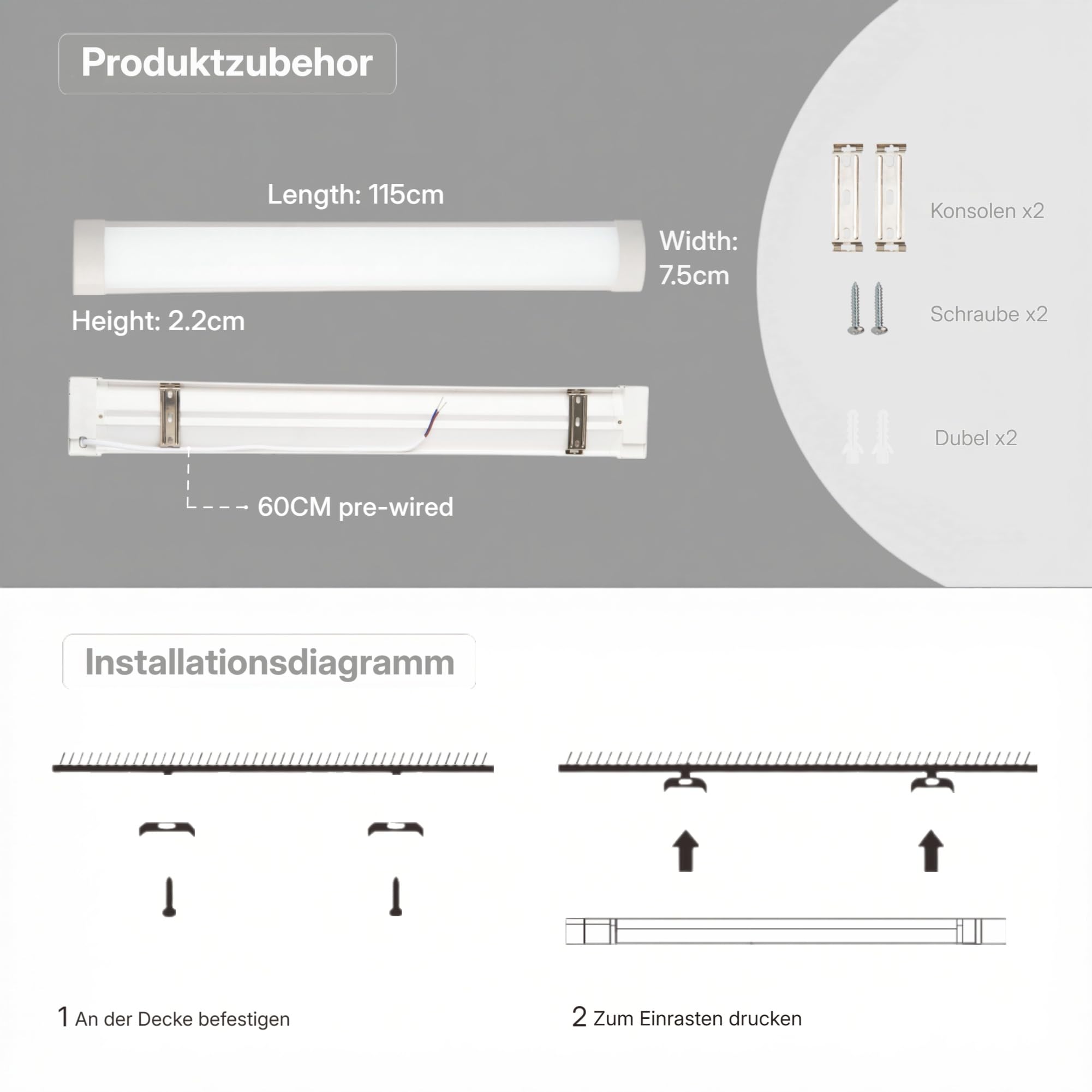 2 Stück LED Röhre 115cm 32W 3350lm Kaltweiß 6500K, Ultradünne Deckenleuchte und LED Leiste, Flimmerfrei, 60cm Vorverkabelt, aus Robustem PC-Material, Ideal für Keller, Werkstatt, Lager und Büro