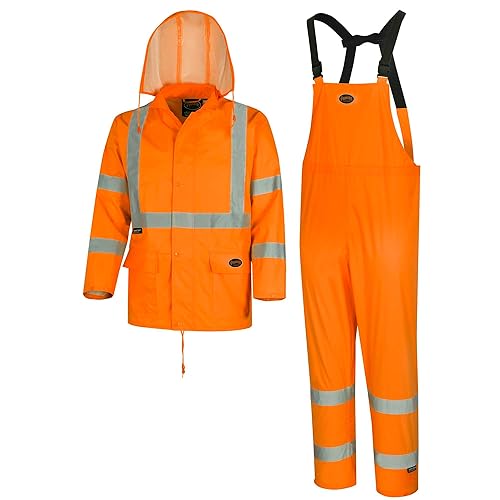 Pioneer Chaqueta de seguridad y pantalones con peto de alta visibilidad, impermeable, traje de trabajo de PVC reflectante para hombre, naranja y