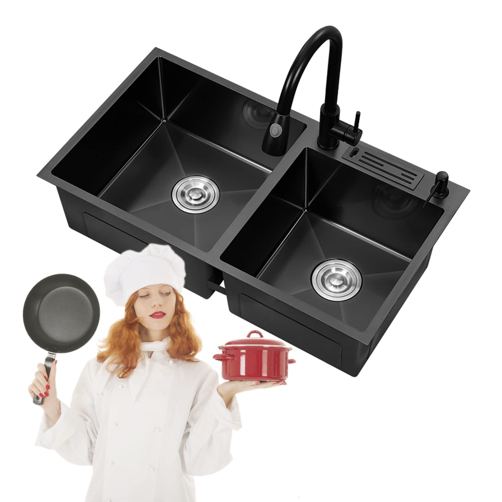 Évier double cuve inox noir avec robinetterie eau chaude et froide