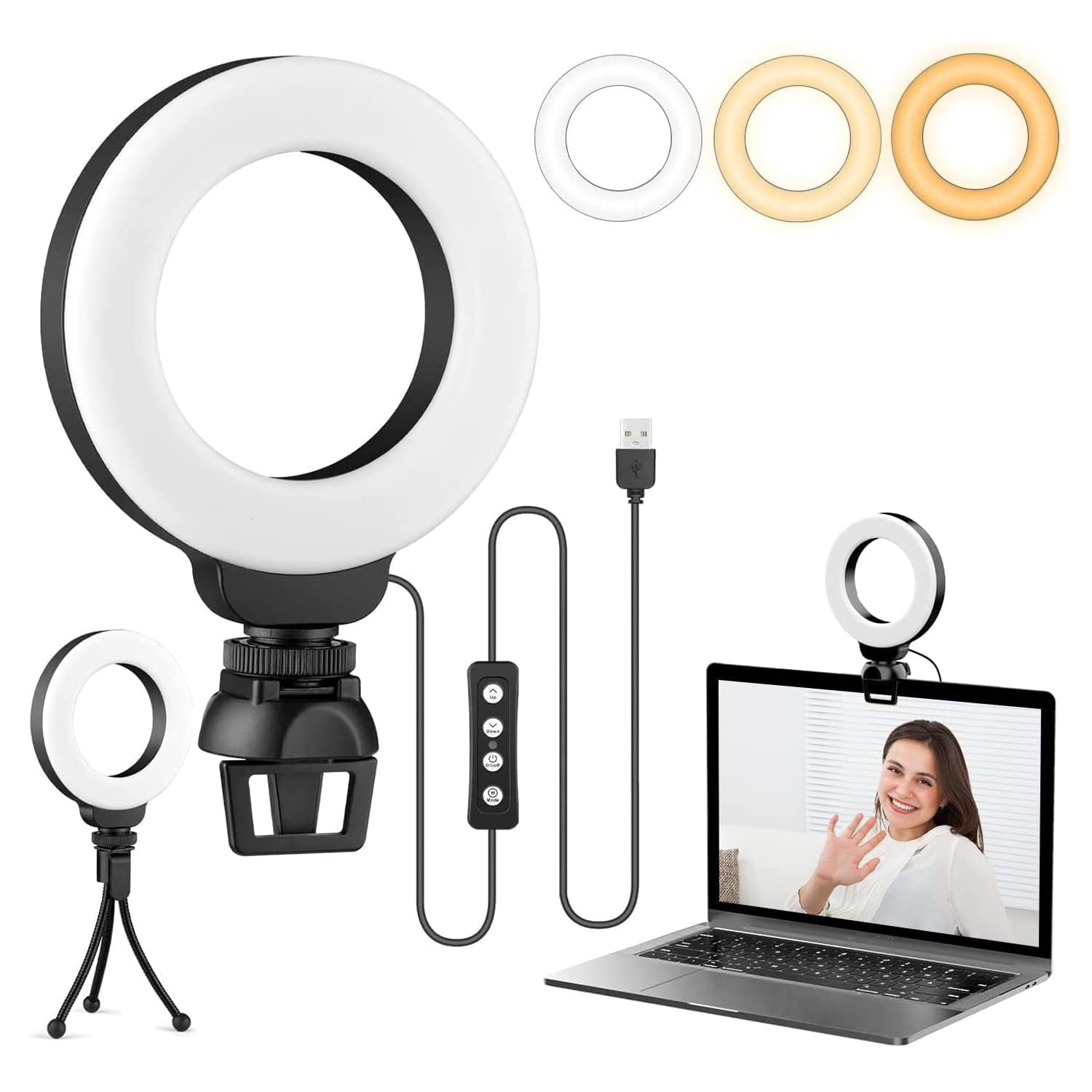 LychicoVideo Conference Lighting Kit, 4" Selfie Dimmable Ring Light with Clip and Tripod, 3 Colors & 10 Levels Brightness, USB Powered, White, Warm Cool White, 1 Pack