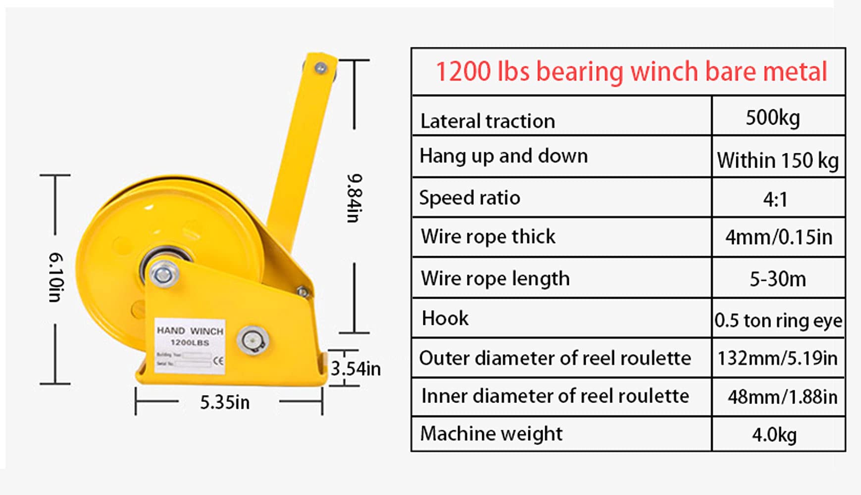 Aprilhp Manual Winch with Brake for Boat Trailer, 1200lbs Heavy Duty Cable Hand Crank Winch with Steel Hook, Corrosion Resistant Towing Winches for Deer Feeder Trailer Boat or ATV