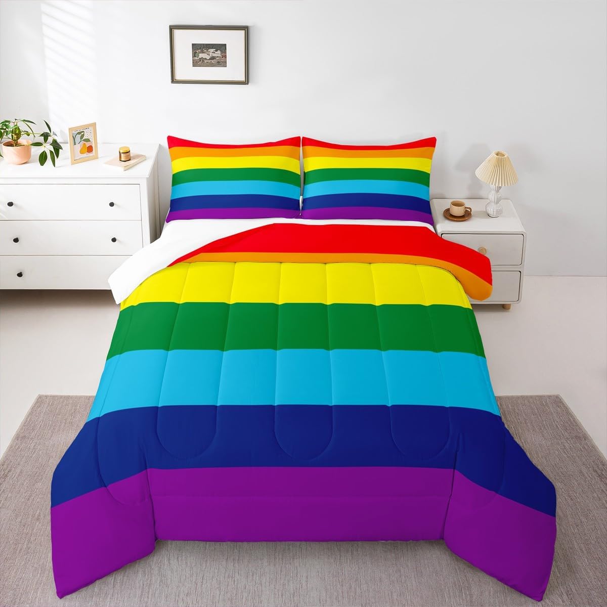 Rainbow Pride Comforter Set Full Size,Rainbow Flag Bedding Set 3pcs for Kids Teens Boys Girls Adults Room Decor, Rainbow Stripes Quilt Set Geometric Watercolor Duvet Insert with 2 Pillowcases