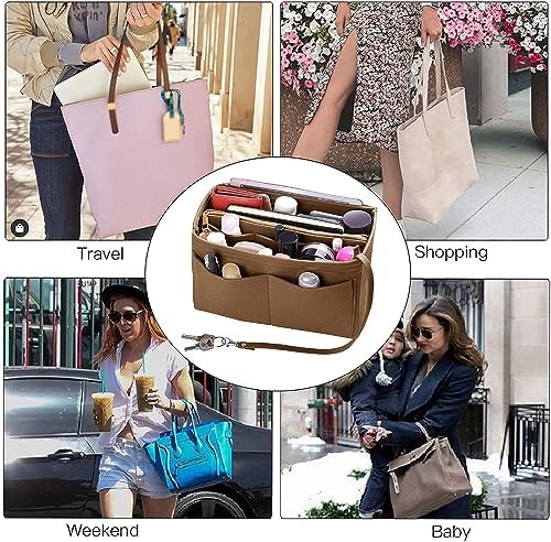 Image of GREENSHEEP Purse Organizer Insert for Handbags, Felt Organizer with Zipper Pocket (Medium, Camel)
