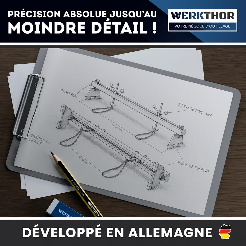 WERKTHOR Support Moteur Atelier 500kg Noir | Traverse Support Moteur Réglable 150cm avec 2 Chaînes 90cm & Pieds 360° | Barre Maintien Moteur pour Embrayage, Distribution, Boîte Vitesse