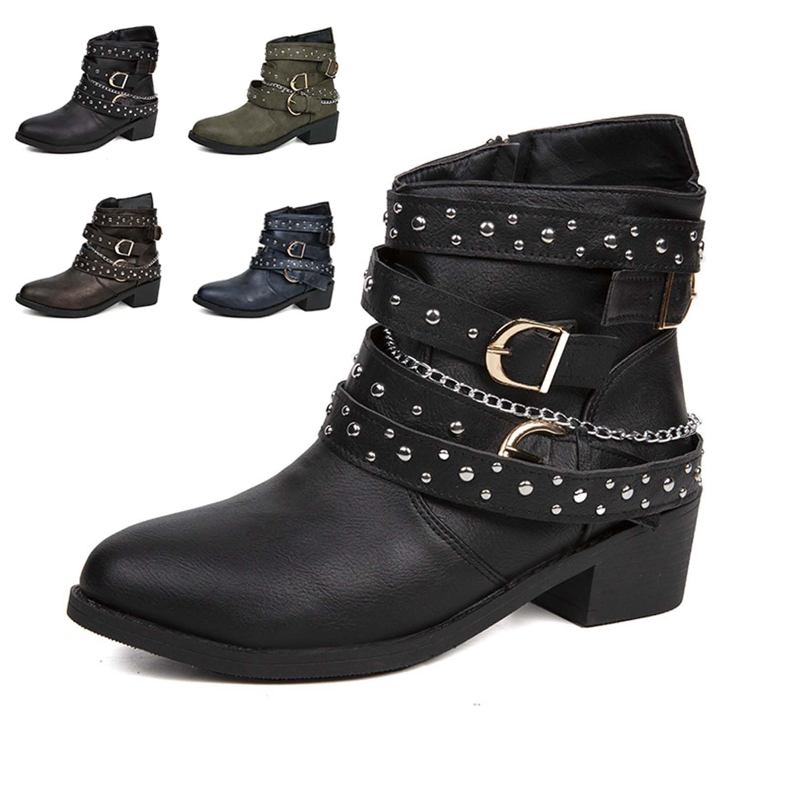 Womens Goth Faux Leather Ankle Boots Y2K Studded Belts Trim Block Heel Punk Boots Side Zipper Motorcycle Booties