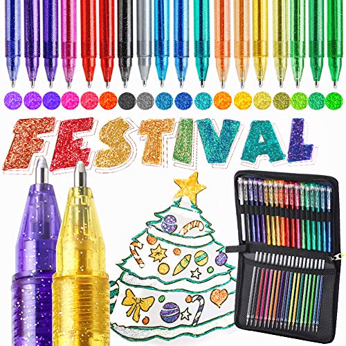 ZSCM Glitter Gel pens, 36 Pack Metallic Sparkle Coloring Pen Art Markers with Case, 18 Colored Pen with 18 Glitter Refills for Kids Adult Coloring Book Drawing Crafts Scrapbooks Bullet Journaling