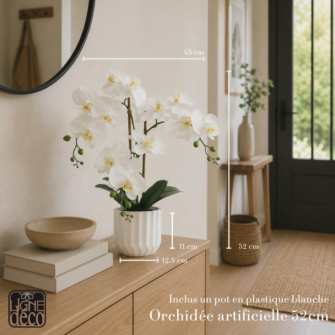 Ligne Déco - Orchidée Artificielle 52cm | Pot Plastique Blanc Intérieur Imitation Terre