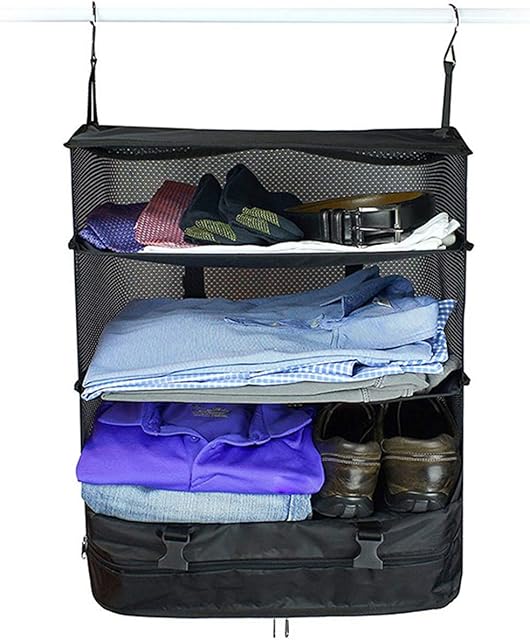 YUDONGL Travel Luggage Organizer Portable Travel Shelves Bag 3-Shelf Suitcase Packing Cube Collapsible Hanging Closet Storage Bag Space Saver for Wardrobe Suitcase Carry On(black)