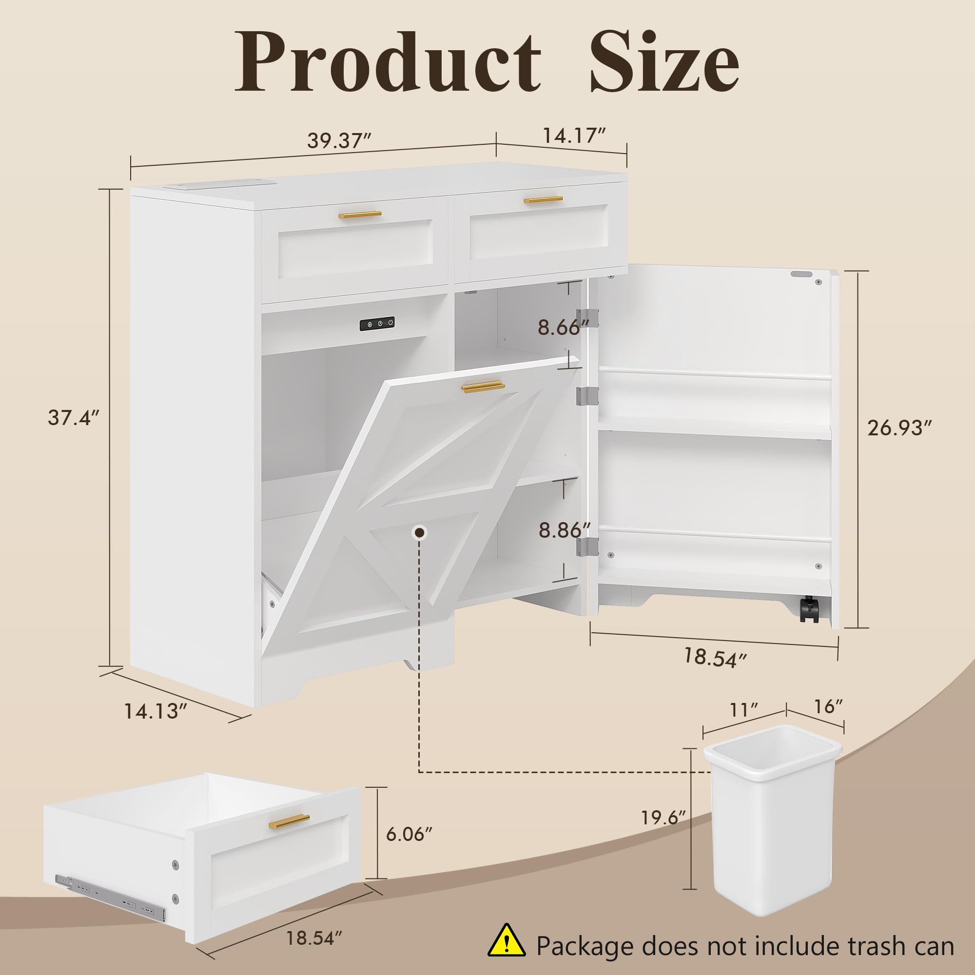 VECELO Tilt Out Trash Cabinet, 9 Gallon Cabinet Trash Can with 2 Drawers, Free Standing Recycling Trash Can Storage with Ozone Generator/Charging Station, Pet Proof, White