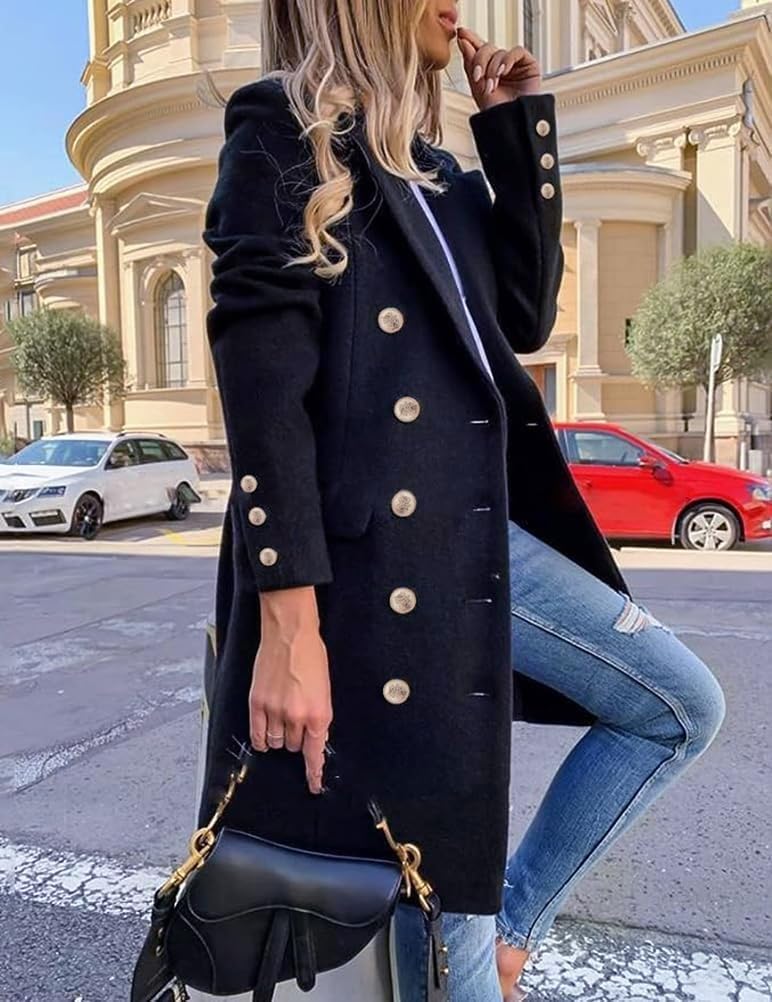 Donna Autunno Inverno Cappotti di Lana Doppio Petto Midi Peacoat Trench Cappotti