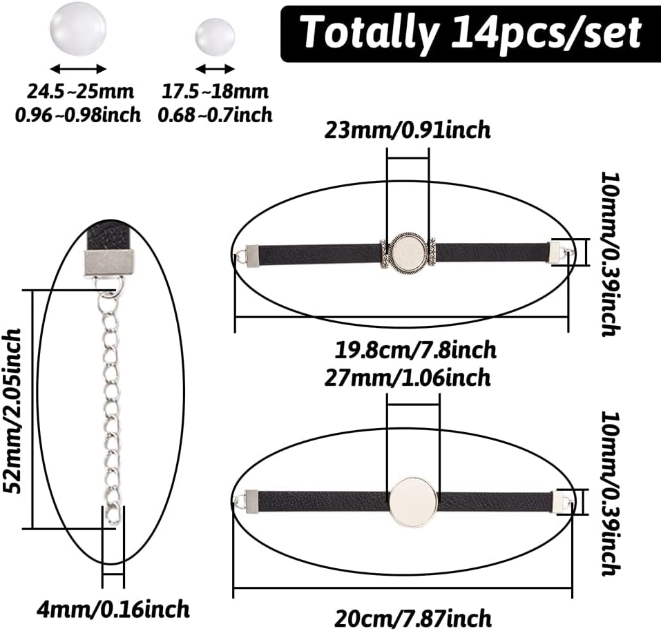 FASHEWELRY 14Pcs PU Leather Cord Bracelet Bezel Tray Blank Flat Round Cabochon Settings Bezel Tray Watch Bands Base Tray Bracelet Blanks with Glass Cabochons for Jewelry Making - Image 7