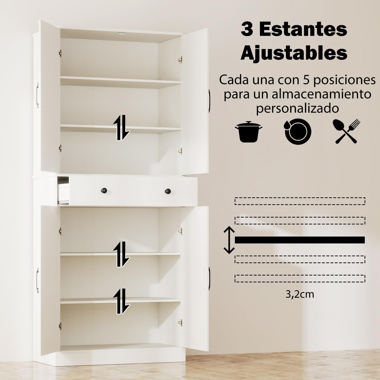 COSTWAY Alacena de Cocina, Despensa de Cocina con 4 Puertas, Cajón de Almacenaje y 3 Estantes Ajustables en 5 Posiciones, Armario Versátil con 2 Juegos Antivuelco para Salón, Comedor (Blanco)